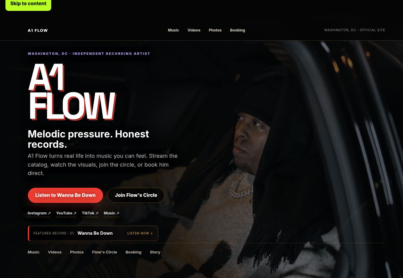 Screenshot of A1 Flow’s artist website — music, videos, fan access, and booking